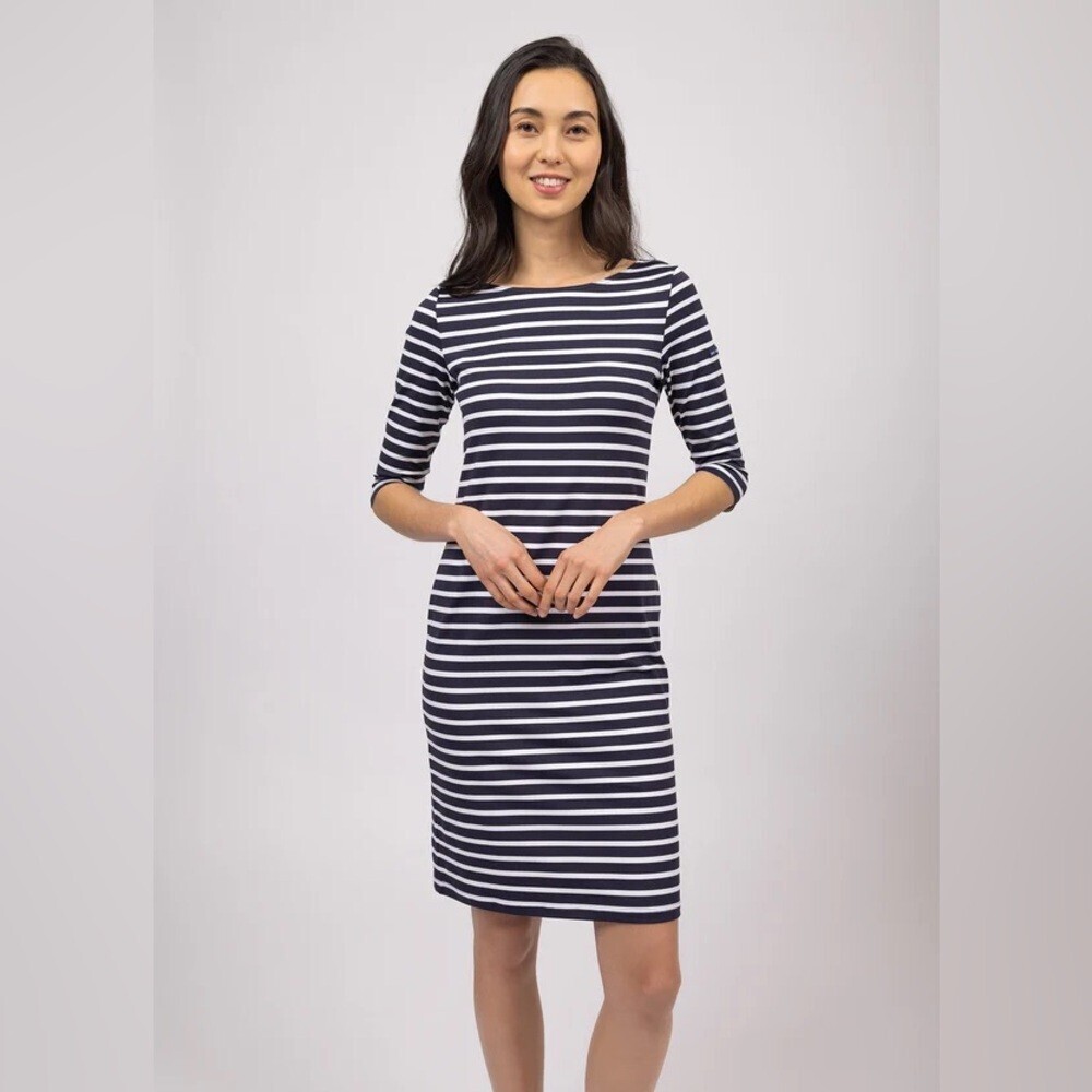 Saint James Propriano Stripe Dress US‎ 4 Navy Orange 3/4 Sleeve - Picture 6 of 11